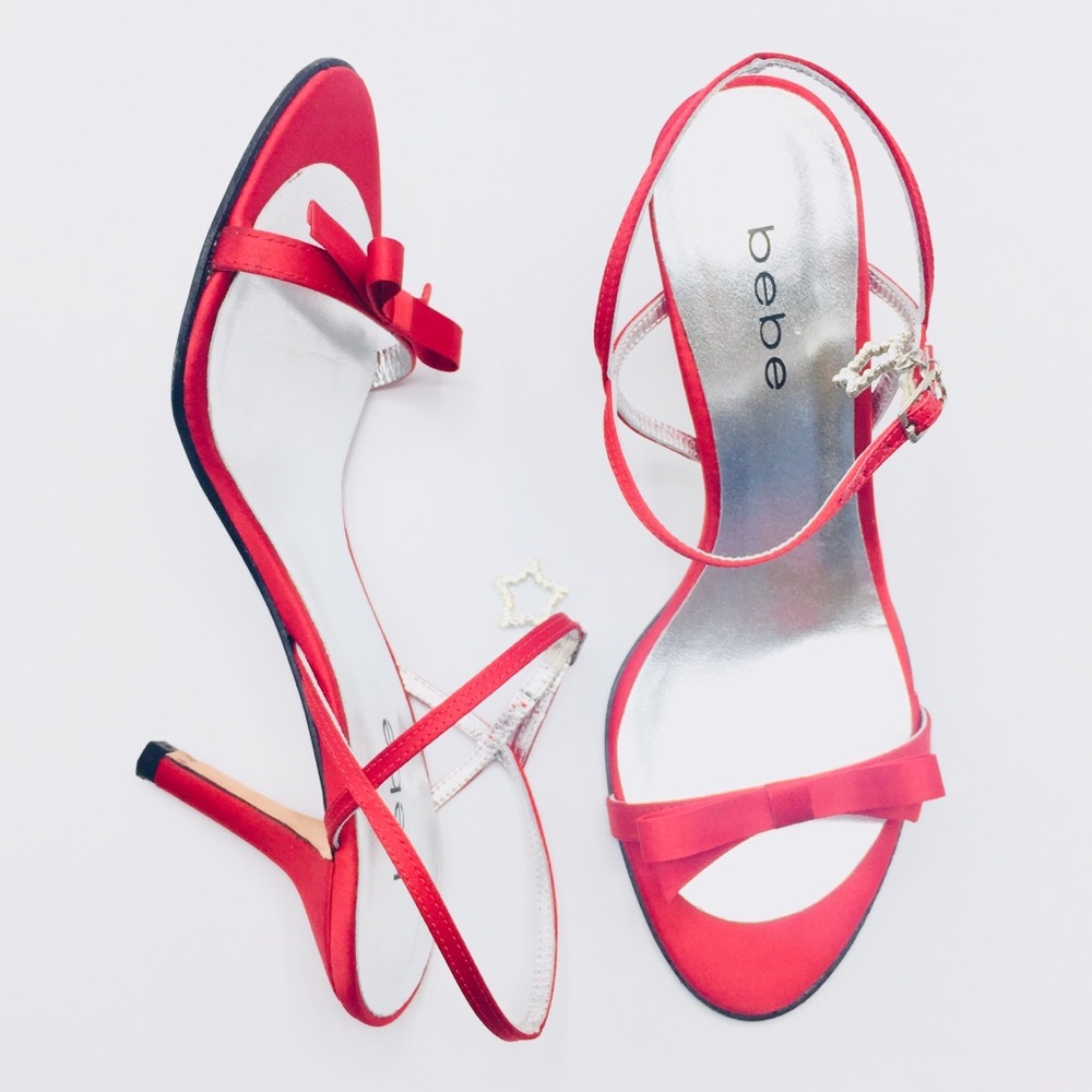 Bebe Red Satin Strap Sandals w/ Star Rhinestone